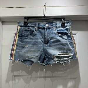 Distressed Denim Women Shorts with yellow and red Stripes
